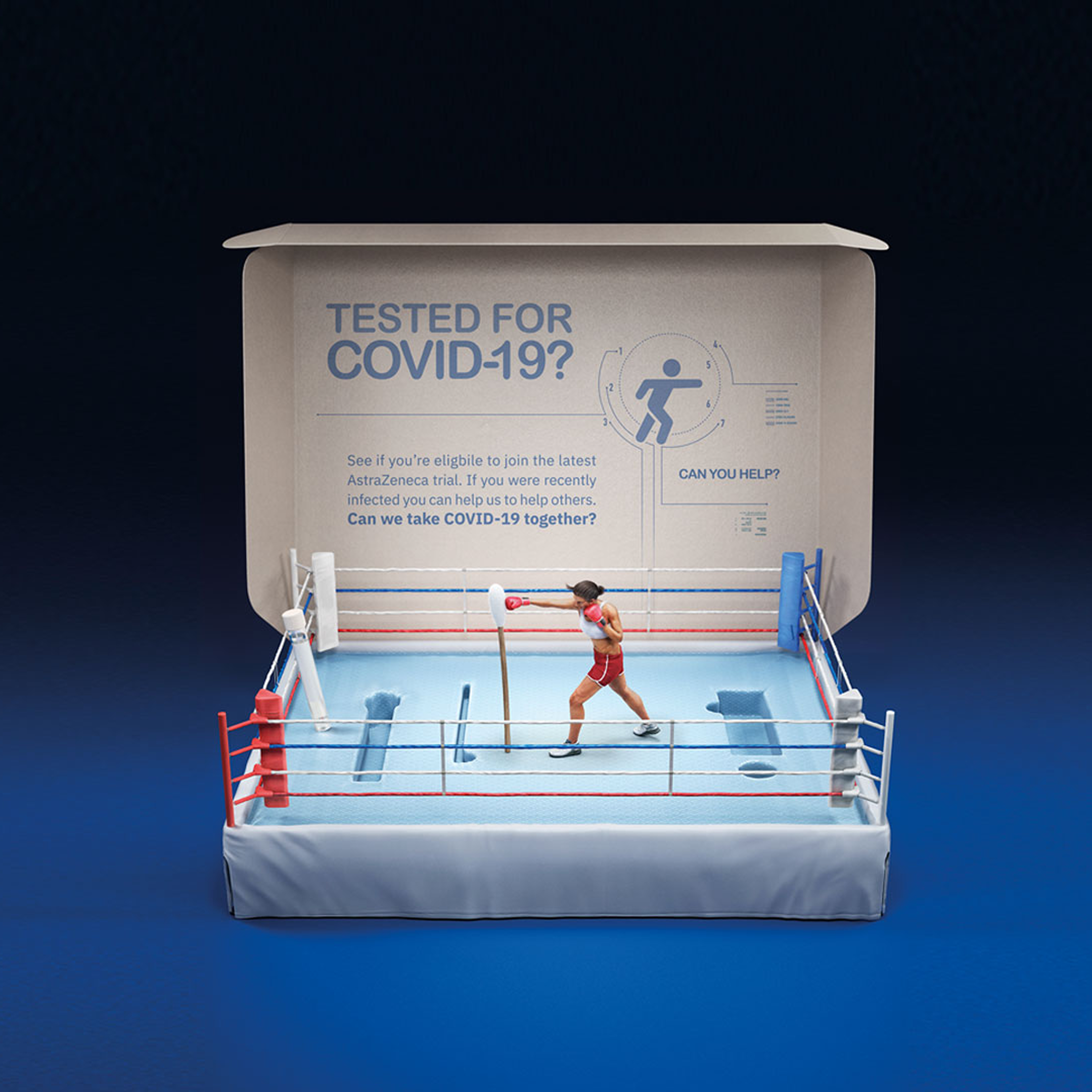 Image of a COVID testing box designed to look like a boxing ring, with a female boxer hitting a boxing bag in the style of a nasal swab